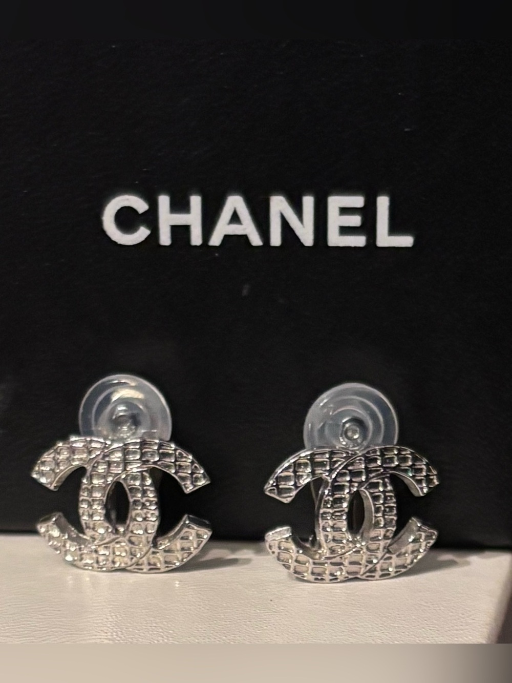 CHANEL Silver Quilted CC Logo Stud Earrings w/COA